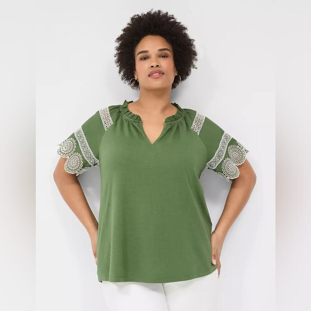 Lane Bryant Short‎ Sleeve Eyelet Knit Top Green 18/20